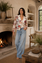 Load image into Gallery viewer, Printed Floral Lace Moto Jacket with Denim Trim