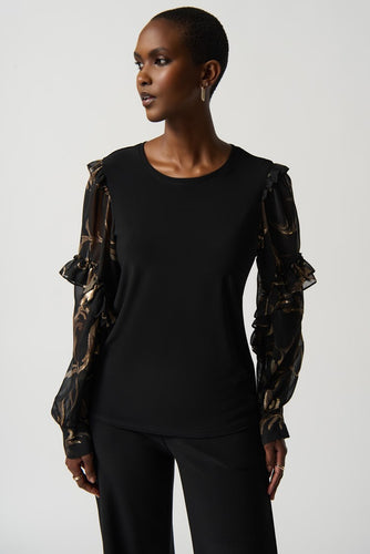 Silky Knit Top With Printed Chiffon Puff Sleeves