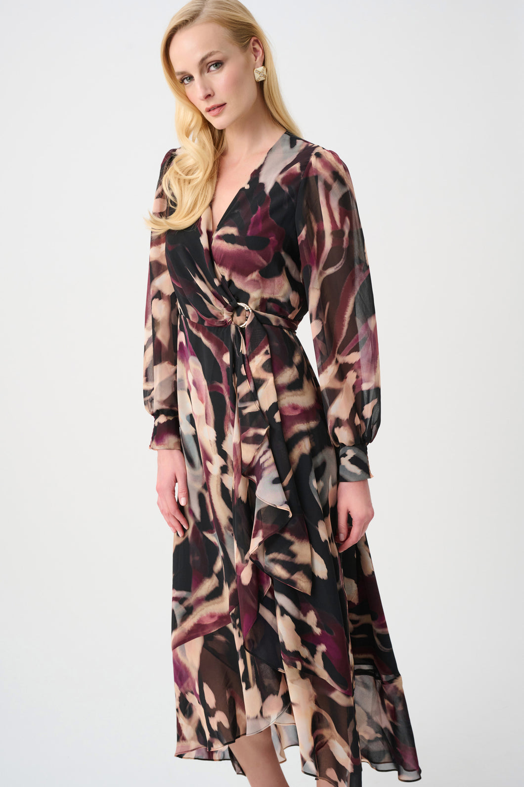 Chiffon Printed Wrap Dress - Black/Multi - Size: 8