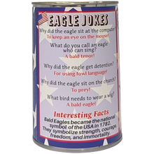 Load image into Gallery viewer, Canned Bald Eagle w/Jokes Plush Patriotic American Flag USA