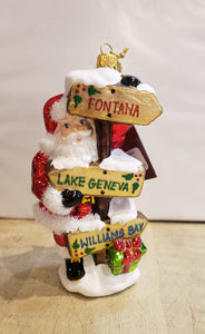 Santa w/Road Signs Lake Geneva Ornament