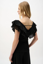 Load image into Gallery viewer, Joseph Ribkoff black silky knit fitted top with V-neckline wide band and two-layer pleated georgette detail back strap