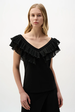 Load image into Gallery viewer, Joseph Ribkoff black silky knit fitted top with V-neckline wide band and two-layer pleated georgette detail closeup
