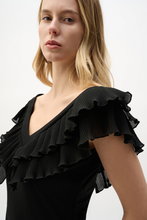 Load image into Gallery viewer, Joseph Ribkoff black silky knit fitted top with V-neckline wide band and two-layer pleated georgette detail shoulder side