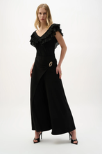 Load image into Gallery viewer, Joseph Ribkoff black silky knit fitted top with V-neckline wide band and two-layer pleated georgette detail