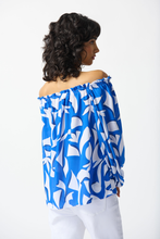 Load image into Gallery viewer, Joseph Ribkoff Blue Vanilla woven georgette off-shoulder top with keyhole ornament and three-quarter puff sleeves backside