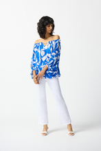Load image into Gallery viewer, Joseph Ribkoff Blue Vanilla woven georgette off-shoulder top with keyhole ornament and three-quarter puff sleeves full view