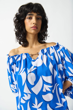 Load image into Gallery viewer, Joseph Ribkoff Blue Vanilla woven georgette off-shoulder top with keyhole ornament and three-quarter puff sleeves