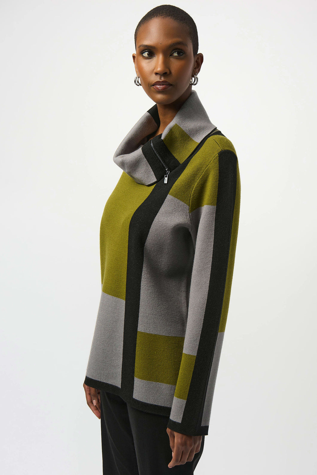 Jacquard Color Block Pullover Sweater Cowl Neck Long Sleeve