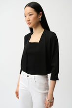 Load image into Gallery viewer, Joseph Ribkoff Sweater Knit Cover-Up in Black with three-quarter sleeves and pearl ornament cuff detail