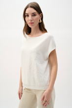 Load image into Gallery viewer, Joseph Ribkoff Vanilla viscose sweater knit top with boat neckline, dolman sleeves, and embroidered floral sequin detail closeup