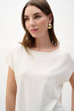 Load image into Gallery viewer, Joseph Ribkoff Vanilla viscose sweater knit top with boat neckline, dolman sleeves, and embroidered floral sequin detail front