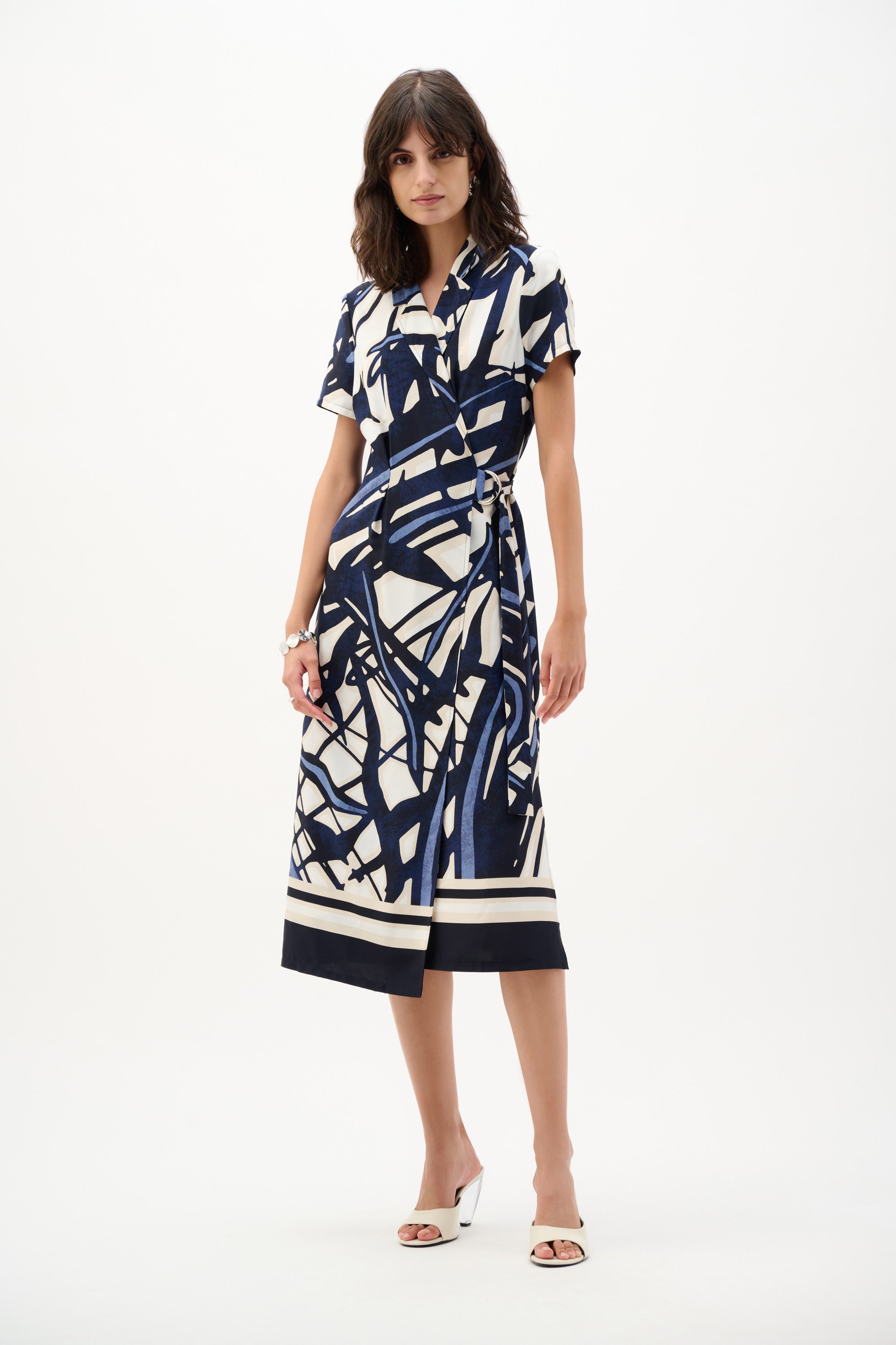 joseph ribkoff shirt dress Joseph Ribkoff Black/Taupe Leaf Print Cutout Back Short Sleeve Shift Dress 231162 6 (UK 8)