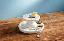 Load image into Gallery viewer, Mud Pie reversible stoneware seafood tower pedestal serving set with stainless utensils on table