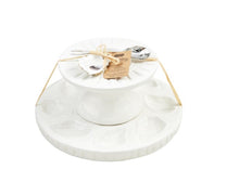Load image into Gallery viewer, Mud Pie reversible stoneware seafood tower pedestal serving set with stainless utensils