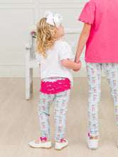 Load image into Gallery viewer, RuffleButts Bows and Bouquets bow leggings baby girl soft ruched ankle bow on model