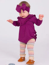Load image into Gallery viewer, RuffleButts knit long sleeve V-ruffle bubble romper baby girl ruffled neckline eggplant harvest