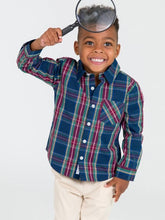 Load image into Gallery viewer, RuffleButts long sleeve button down shirt baby boy premium fabric classic winter nights plaid