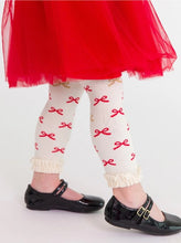 Load image into Gallery viewer, RuffleButts Patterned Footless Ruffle Tights Baby Girl Red Sparkle Bow