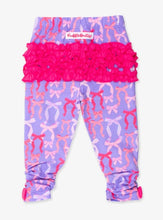 Load image into Gallery viewer, RuffleButts Rosy Ribbons bow leggings baby girl soft stretchy ruched ankle bow laid flat