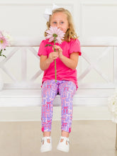 Load image into Gallery viewer, RuffleButts Rosy Ribbons bow leggings baby girl soft stretchy ruched ankle bow on model
