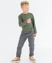 Load image into Gallery viewer, RuffleButts slim fit cargo joggers baby boy durable cargo pockets elasticized cuffs smoke