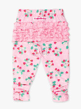 Load image into Gallery viewer, RuffleButts Sweet As Strawberries bow leggings baby girl ruched ankle bow laid flat
