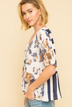 Load image into Gallery viewer, Mixed Media Ruffle Sleeve Printed Stripe Top