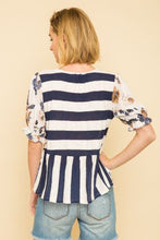 Load image into Gallery viewer, Mixed Media Ruffle Sleeve Printed Stripe Top