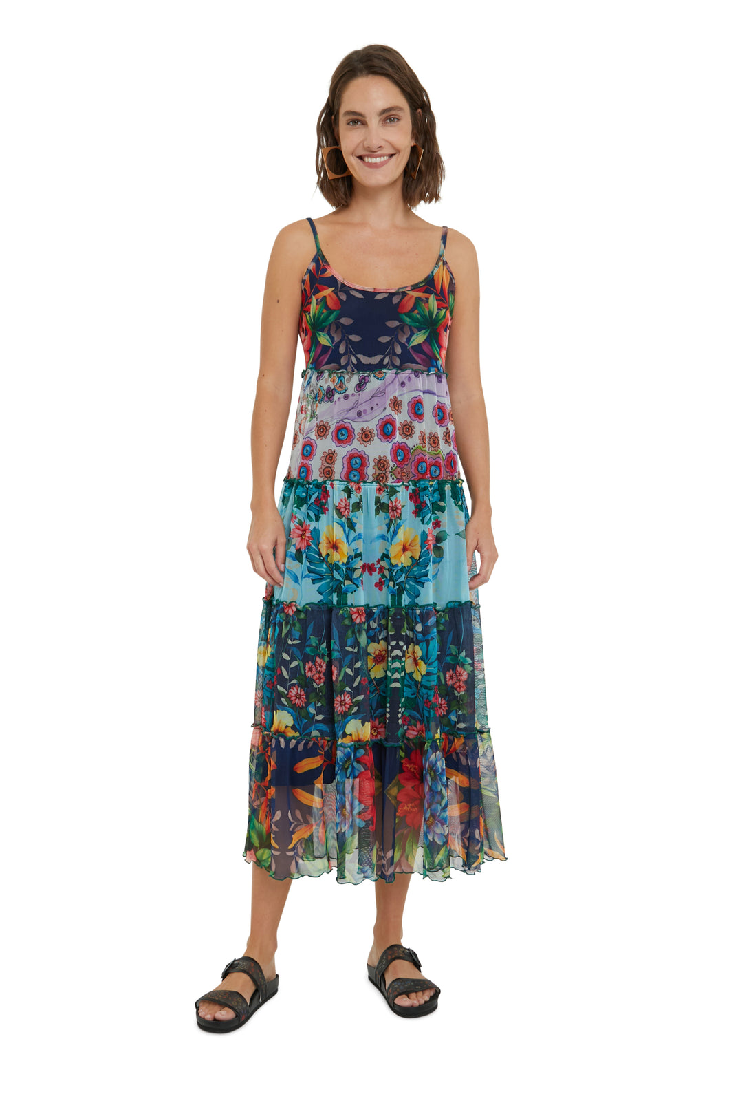 Long flared dress floral patch