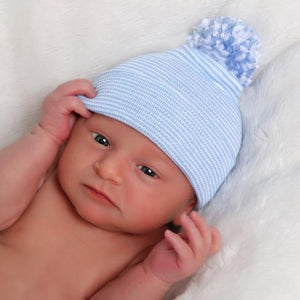 Blue and White Striped Pom Hat