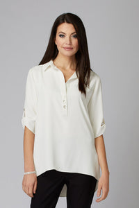 Natural White Front Button V-Neck Gathered Sleeve Blouse