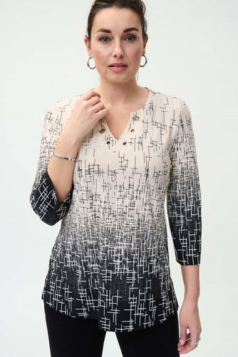 Abstract Print Silky Knit Top With Eyelet Detail
