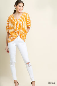 Mango Striped Short Dolman Sleeve Top With Gathered Knot