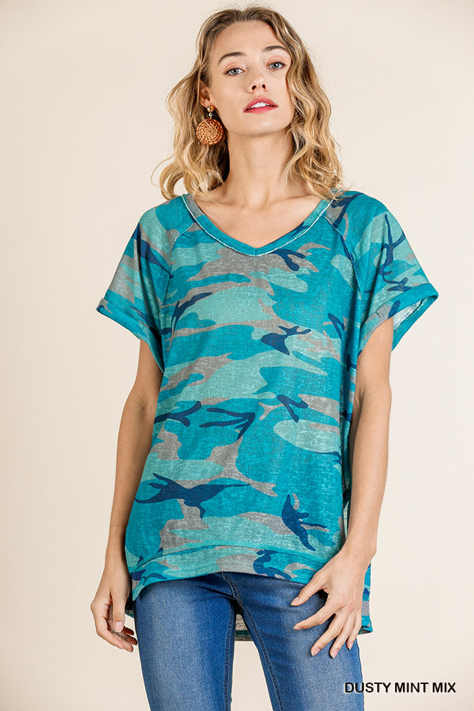 Dusty Turquoise Camouflage Print Top