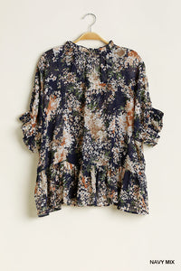 Floral Medley Blouse With Front Tie and Ruffle Hem