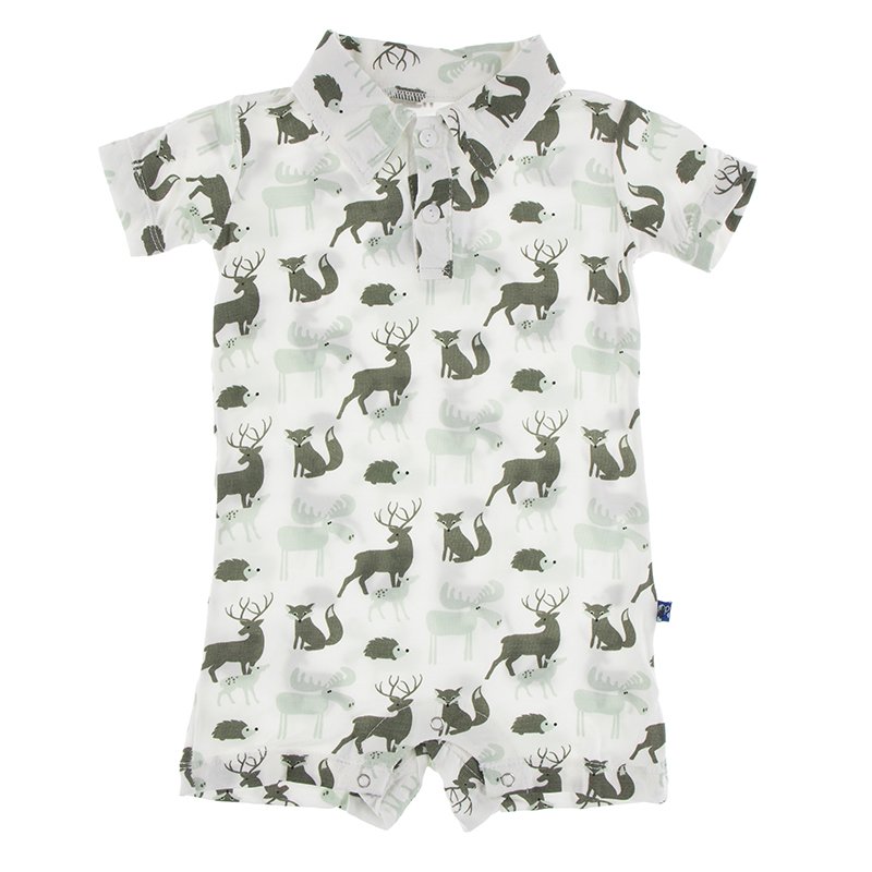 Short Sleeve Polo Romper - Natural Forest Animals