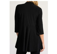 Load image into Gallery viewer, Joseph Ribkoff black open-front cardigan with waterfall drape paneling and three-quarter sleeves, long length backside