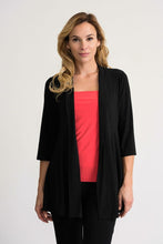 Load image into Gallery viewer, Joseph Ribkoff black open-front cardigan with waterfall drape paneling and three-quarter sleeves, long length