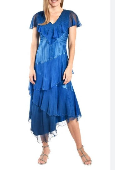 Short Flutter Sleeve Cobalt Blue Tiered V-Neck Midi Dress
